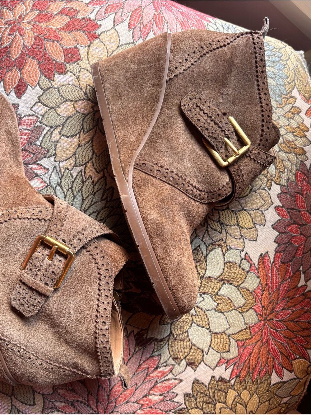 Franco Sarto Tan Suede Ankle Booties with Gold Buckle